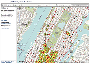 Open the WiFi Hotspots in Manhattan map in the ArcGIS.com map viewer and the WiFi_Hotspots_Analysis service to the map.