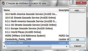 In the dialog box, click the Add button, navigate to the Geophysics geodatabase, and select the Geophysics_1989 address locator.