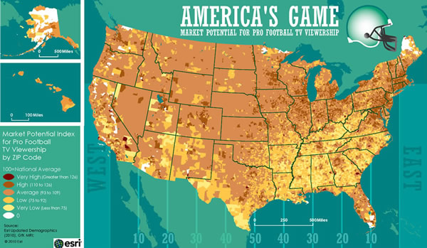 This map shows television viewership of professional football games.