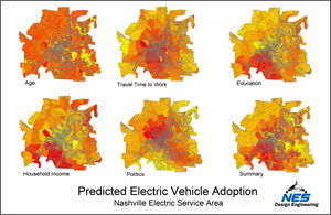 A series of heat maps showing predicted electric vehicle adoption in the NES area.