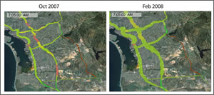 map showing changes in traffic conditions before and after new freeway opening