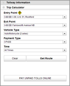 People select their entry and exit points on the tollway system using a dropdown menu of interstate, highway, and street names.