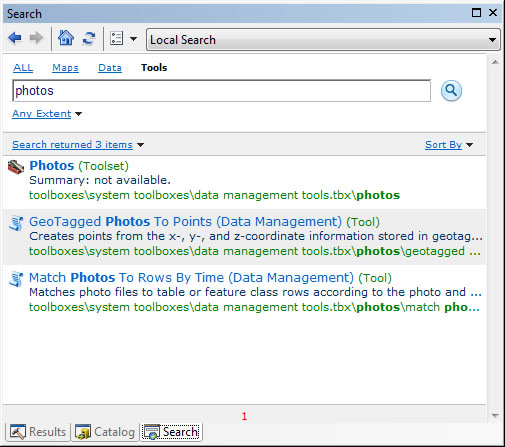Use the Search box in ArcMap to find the new Photos toolset.