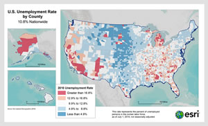 map of U.S. unemployment by county, see enlargement
