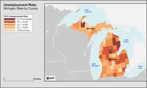 map of Michigan unemployment by county, see enlargement