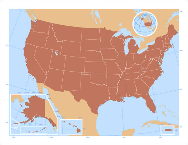 Figure 1. Areas outside the 48 conterminous states are shown in separate data frames on this United States map.