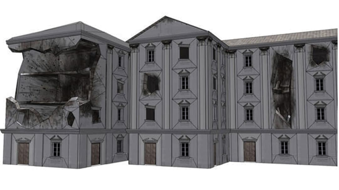 Trzy postapokaliptyczne budynki z uszkodzeniami po eksplozji
