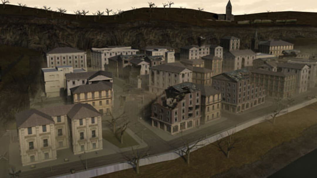 Europejski krajobraz miejski ukazujący postapokaliptyczne zniszczenia