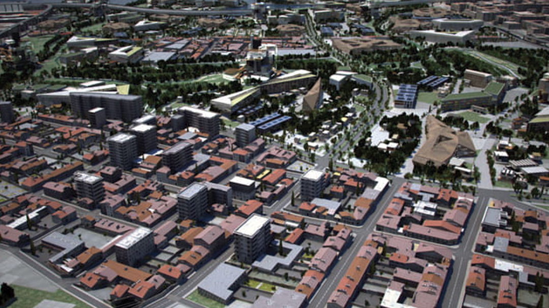 Widok z góry obszaru przemysłowego Marsylii w aplikacji CityEngine