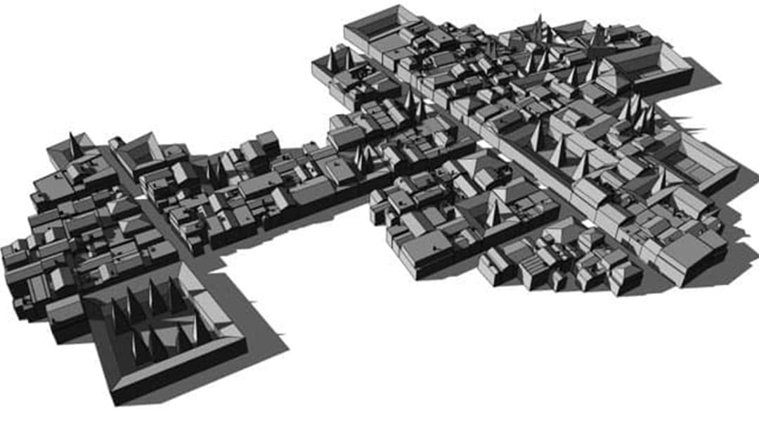 Renderowana za pomocą aplikacji CityEngine rekonstrukcja starożytnych Pompejów w czerni i bieli