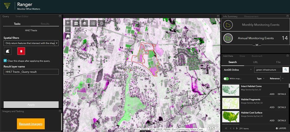 Mapa wizualizuje zmiany w zakresie służebności ochronnych w odcieniach fioletu i zieleni