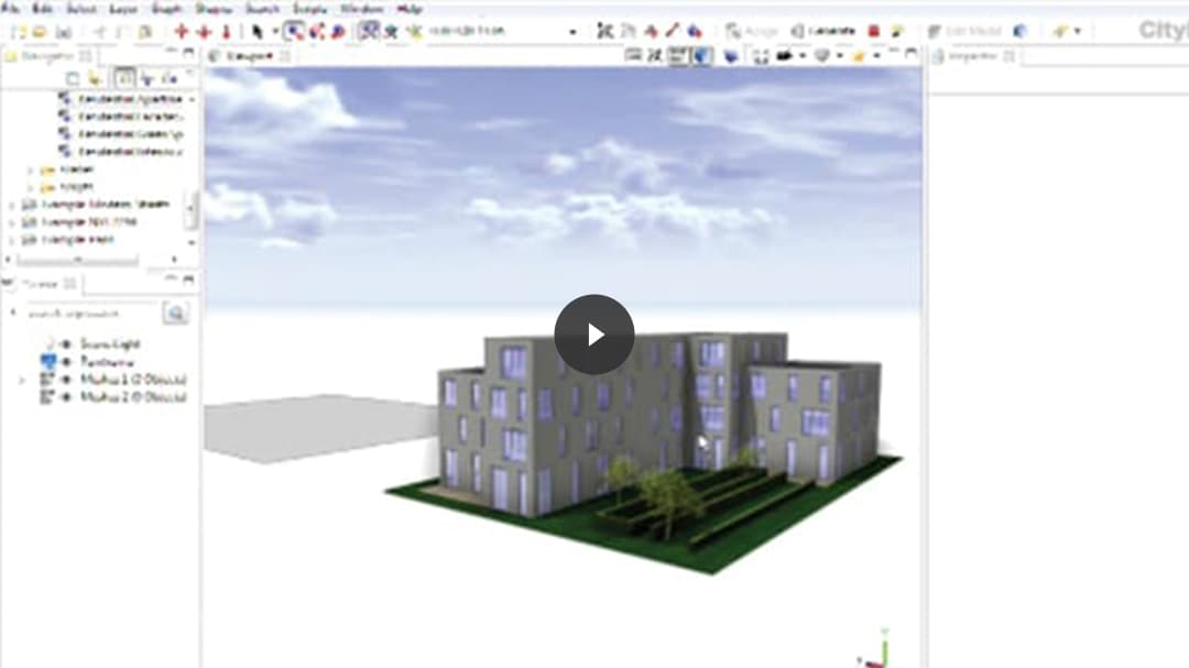 Скриншот процесса создания среды с помощью CityEngine с наложенным значком воспроизведения видео