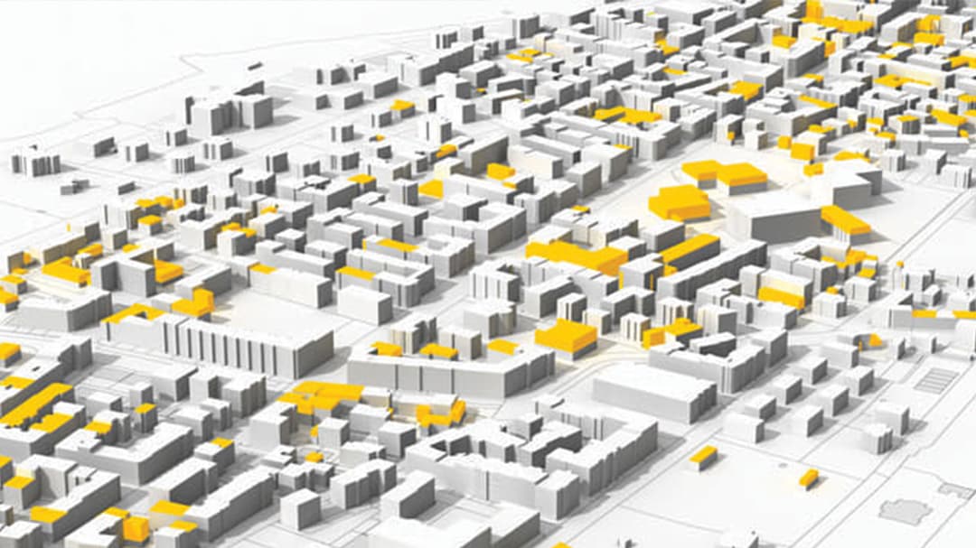 Черное, белое и желтое изображение с воздуха города с помощью CityEngine