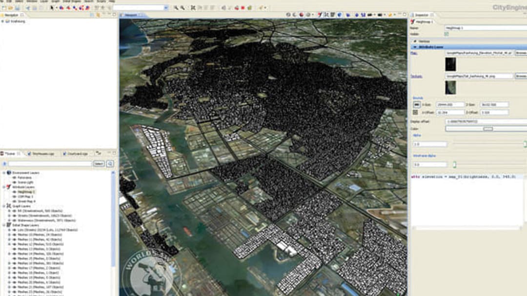 屏幕截图显示了在 CityEngine 中构建古老超级城市的过程
