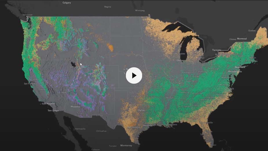 在美国地图上，森林群落类型以蓝色、橙色、黄色、绿色和紫色的不同阴影显示