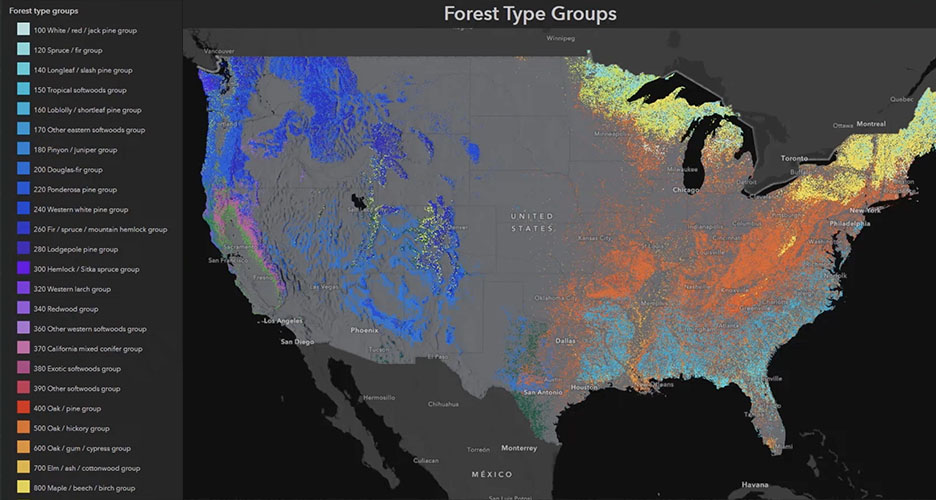 在美国地图上，森林群落类型以蓝色、橙色、黄色、绿色和紫色的不同阴影显示