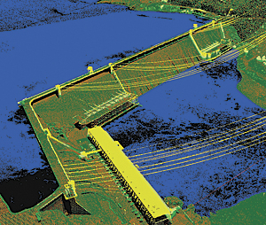 Point cloud of the Grand Coulee Dam symbolized by LAS class code. Source lidar made available by the National Oceanic and Atmospheric Administration (NOAA) Coastal Services Center.