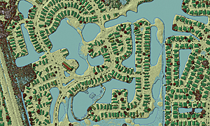 A digital surface model (DSM) near Plant City, Florida, made from first return airborne lidar, which includes the building roofs and treetops. Hydro-flattening of the water features is accomplished through the addition of breaklines that are incorporated into the surface model.
