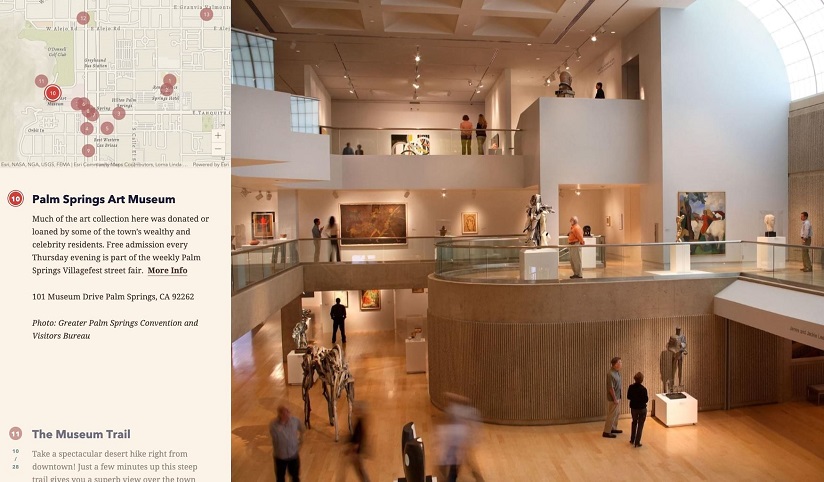A sample guided tour in ArcGIS StoryMaps with a locator map and text on the left and a photo of a corresponding business on the right